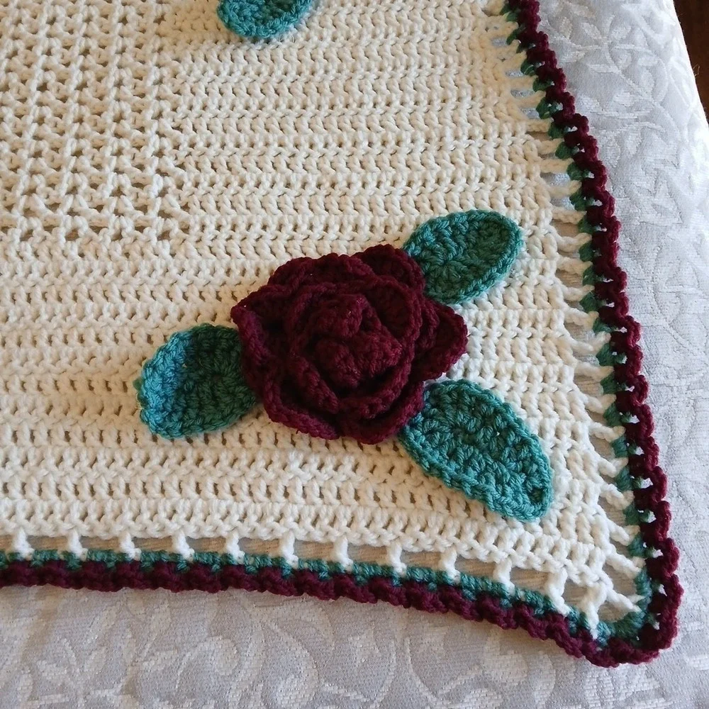 Handmade Crochet Afghan Blanket Ivory Burgundy 3D Roses Cottagcore 64